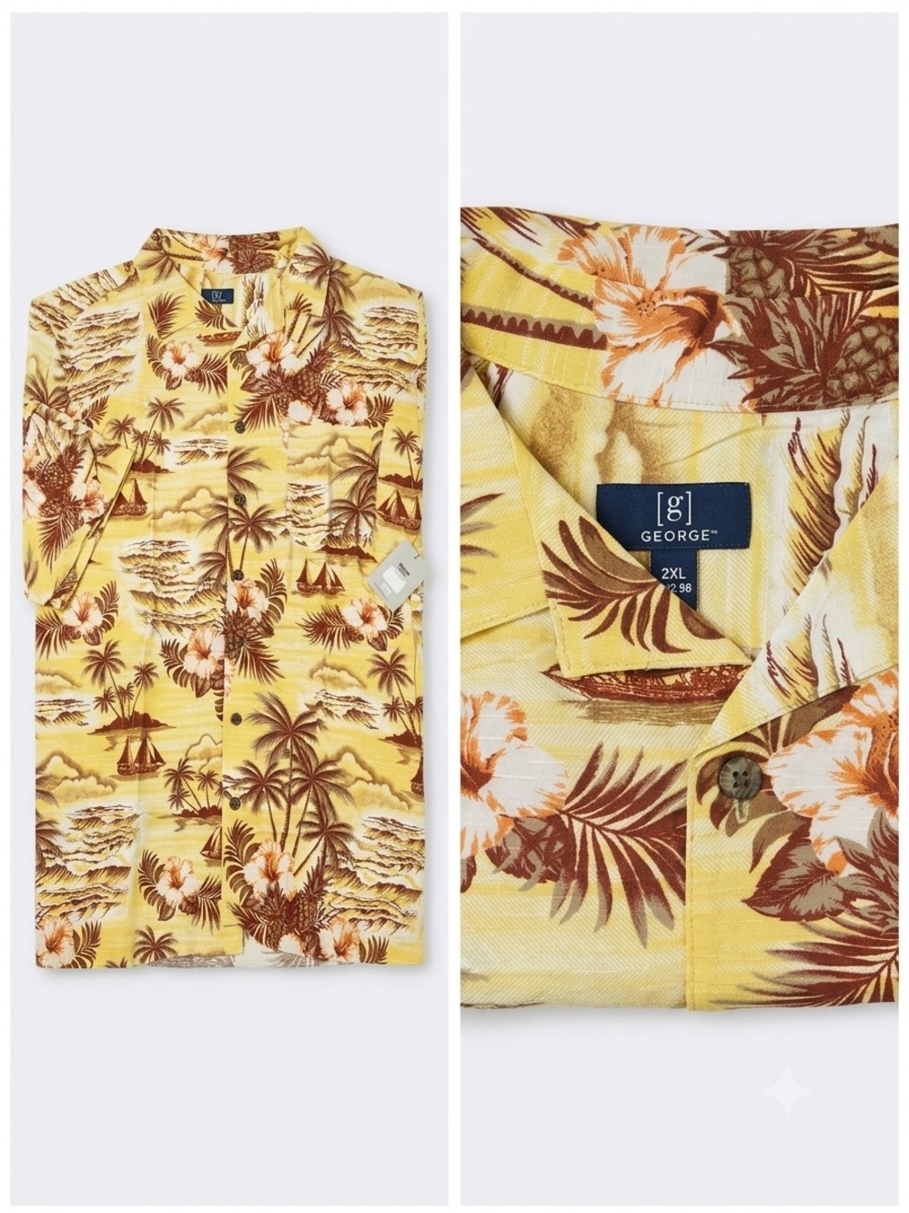 George Yellow Tropical Print Short Sleeve Button-Down Shirt